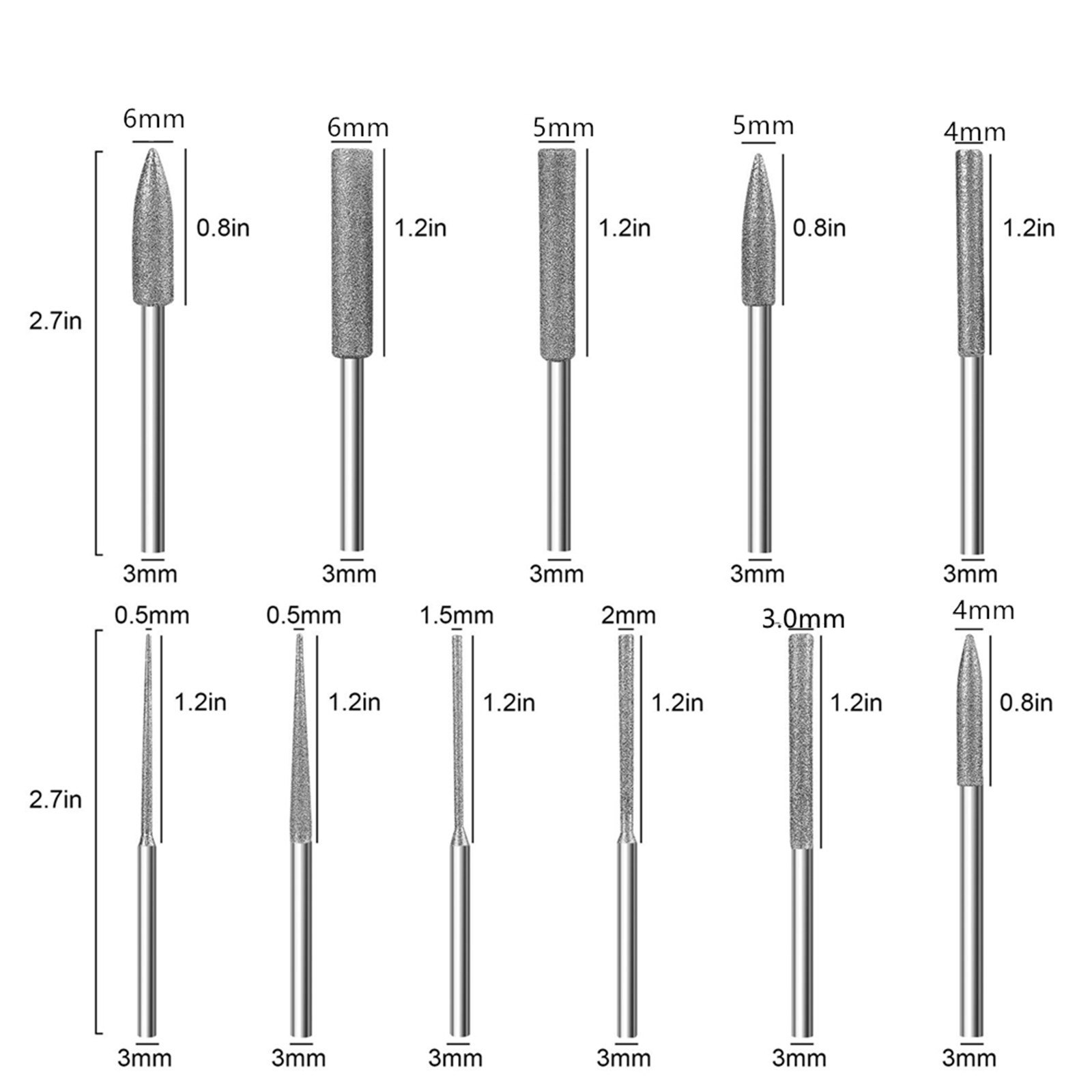 1 Set 1/8" Shank Different Shapes Diamond Burr Bits Rotary Tools Accessories
