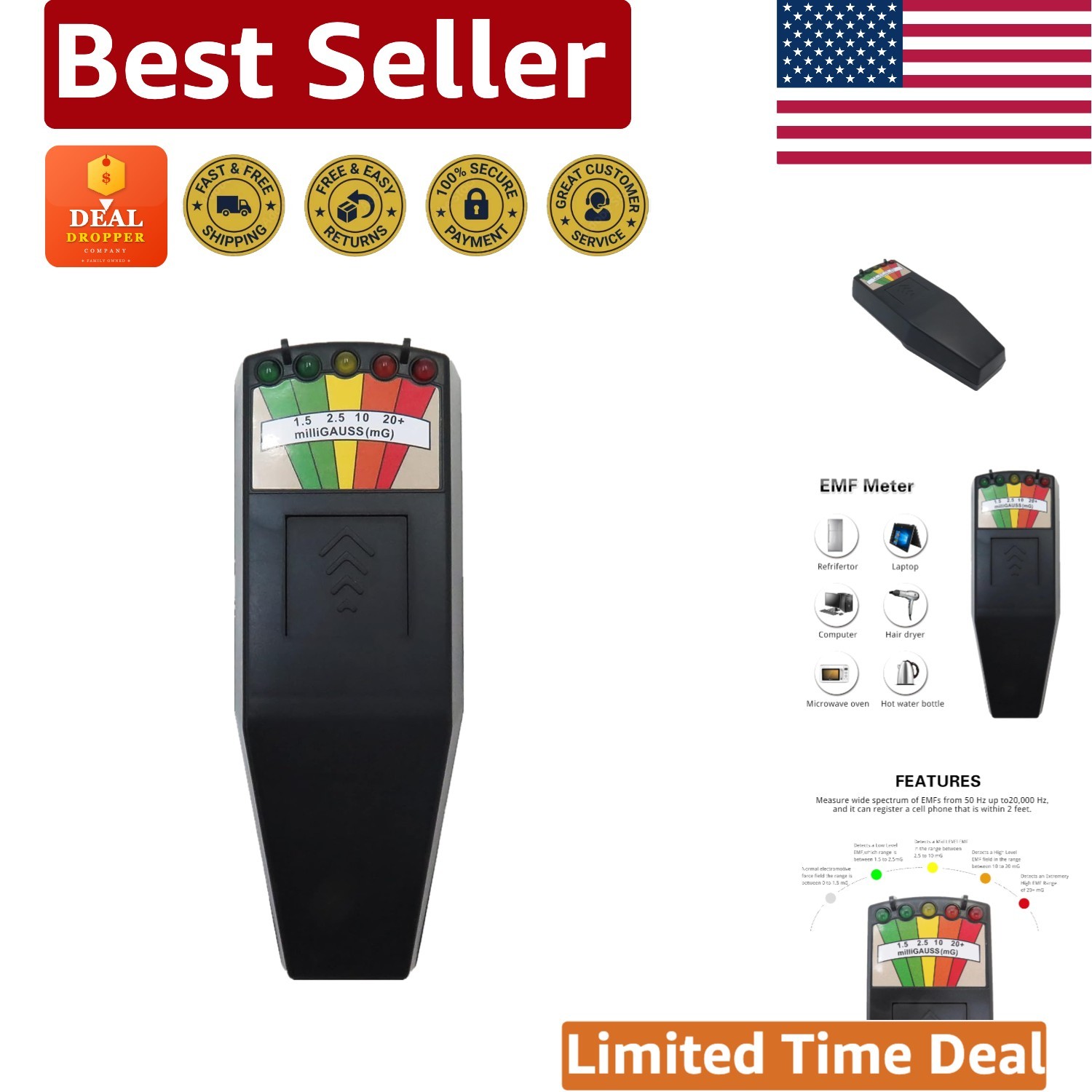 Lightweight 5 LED EMF Field Meter - Essential Tool for Paranormal Investigations