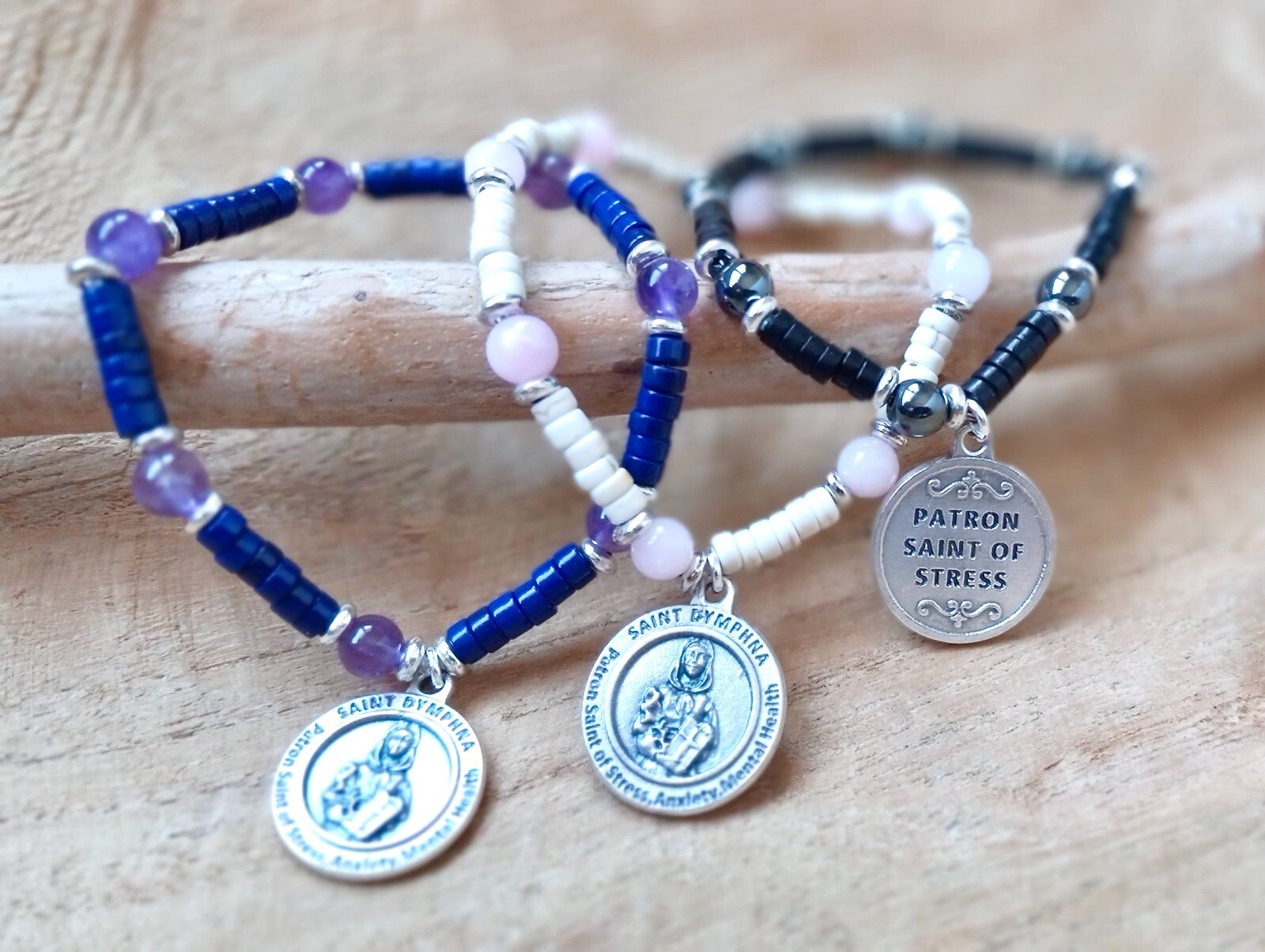 St Dymphna Bracelet, Stress & Anxiety Patron Saint, Rose Quartz, Amethyst, Slim