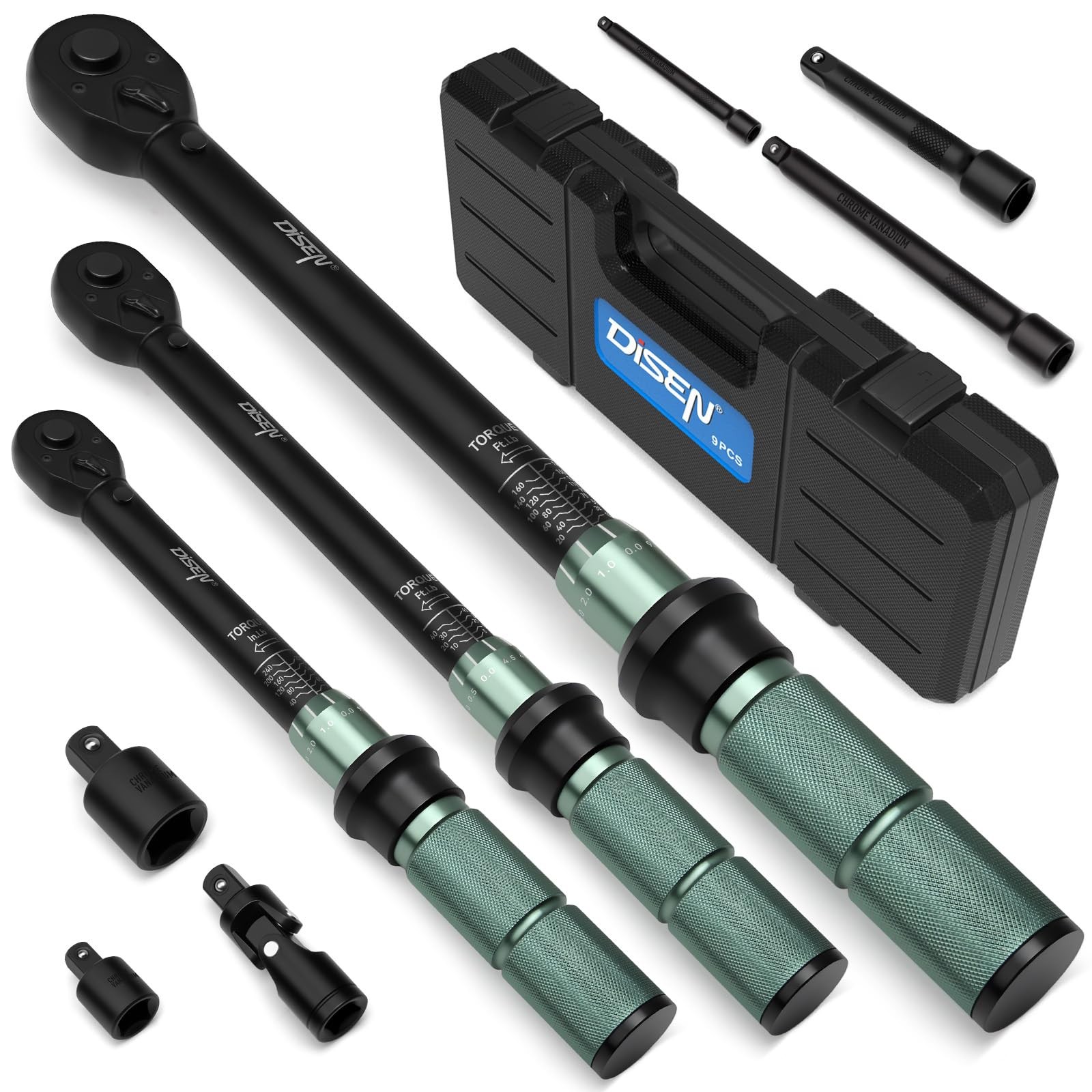 DISEN 9PC Torque Wrench Set 1/4 3/8 1/2 Drive 20-220 In.lb Storage Case