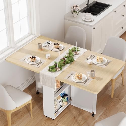 Folding Dining Table with Storage, Folding Kitchen Table with 6 Burlywood