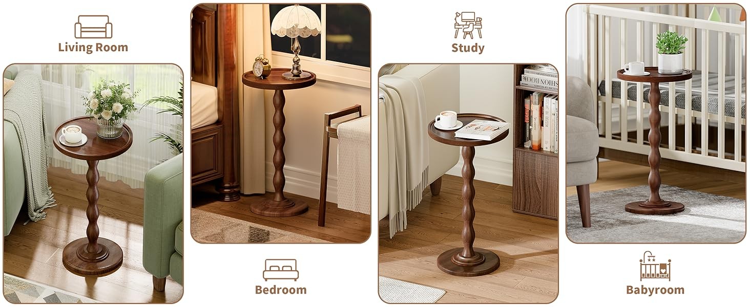 Small Round Side End Table - Solid Wood Accent Drink Table for Living Room
