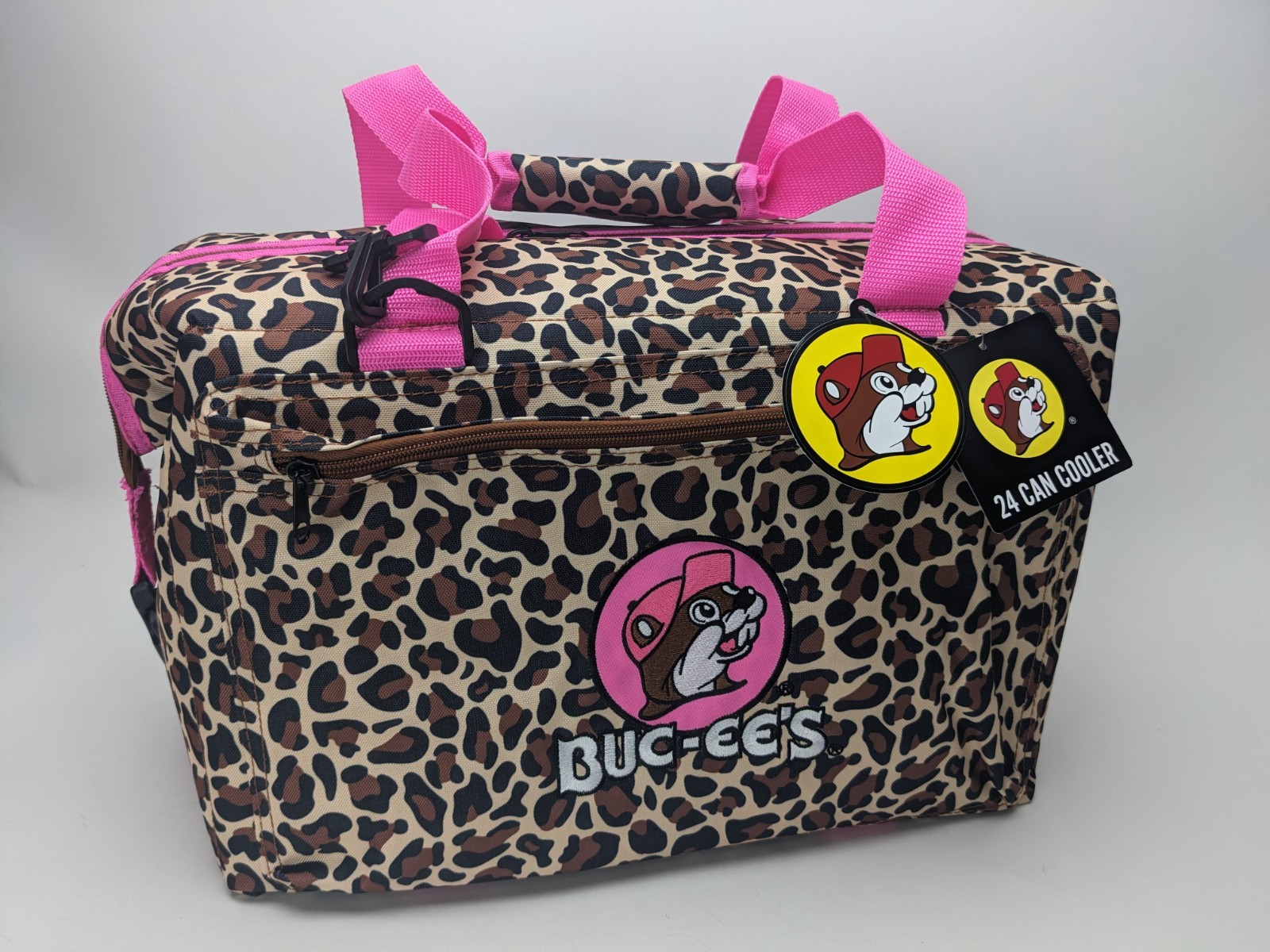 Buc-ee's Leopard Pink 24-Can Cooler Bag 600D Polyester Welded Liner
