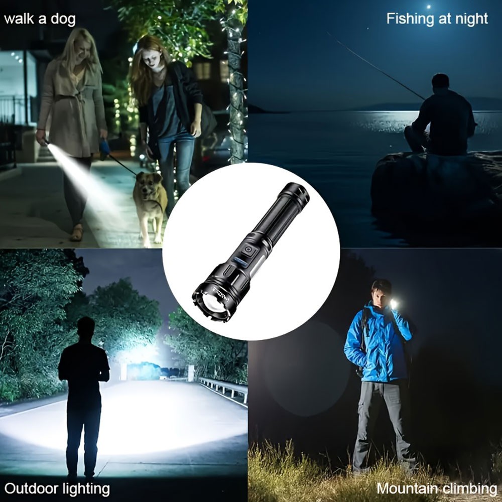 Zoom LED Flashlight Work Light USB Type-C Charging COB Side Light Torch +Battery