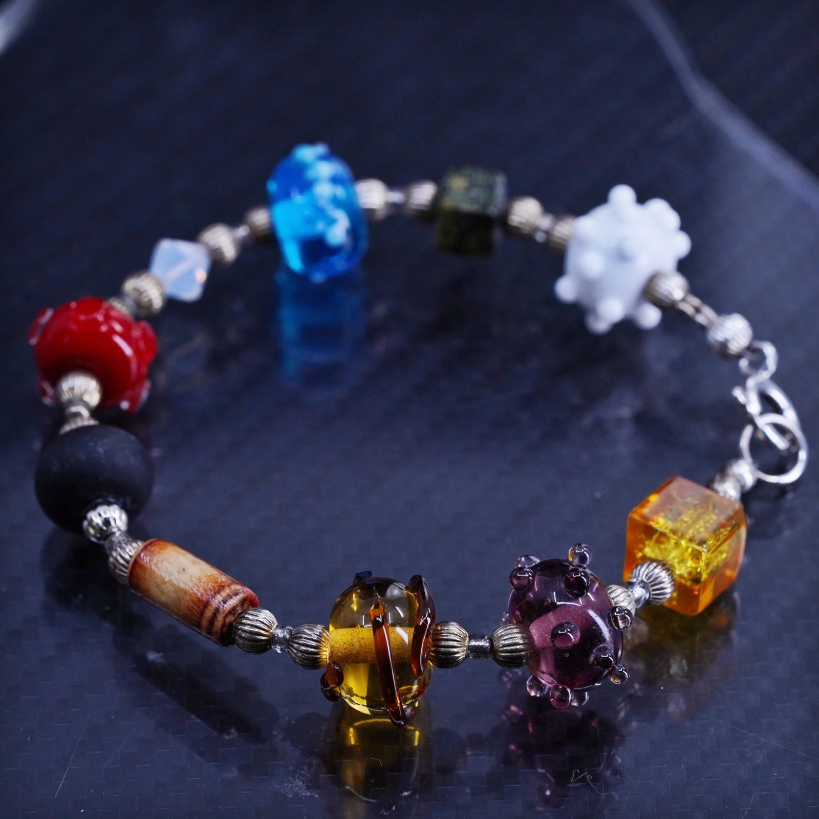 6.25”, sterling silver 925 handmade chain bracelet with colorful glass beads