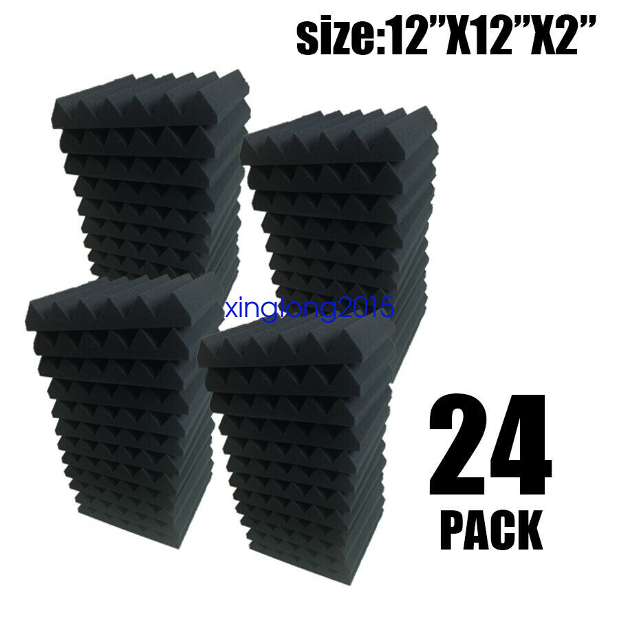 24 Pack Black 2"x12"x12" Acoustic Grid Studio Foam Sound Absorption Wall Panels