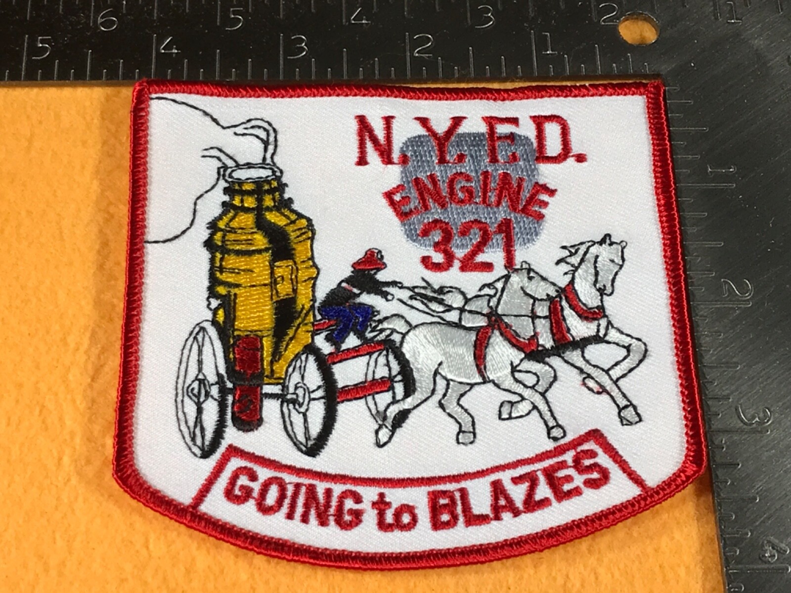 J1-14 NEW YORK FIRE DEPARTMENT PATCH - ENGINE 321 GOING TO BLAZES HORSE & PUMPER