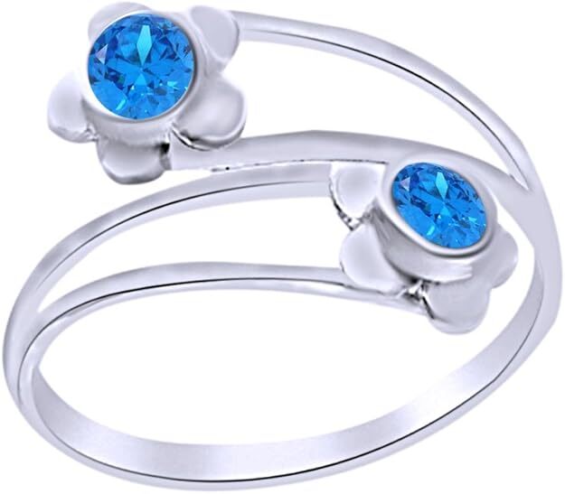 Flower Bypass Toe Ring For Womens Round Simulated Aquamarine 925 Sterling Silver