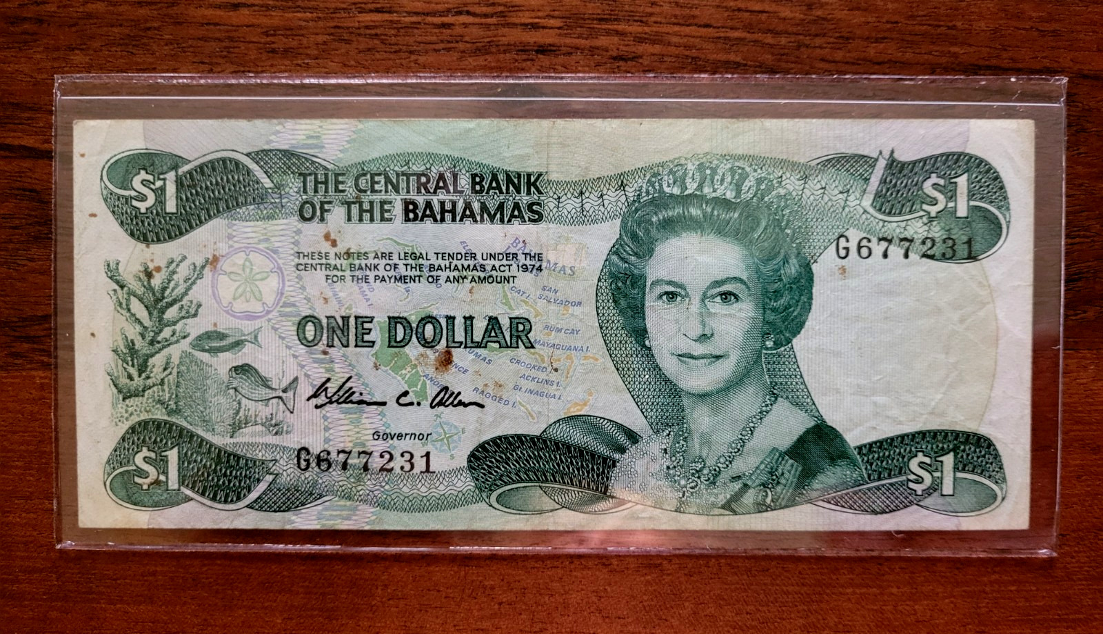 THE CENTRAL BANK OF THE BAHAMAS 1974 One Dollar Banknote Currency Police Band