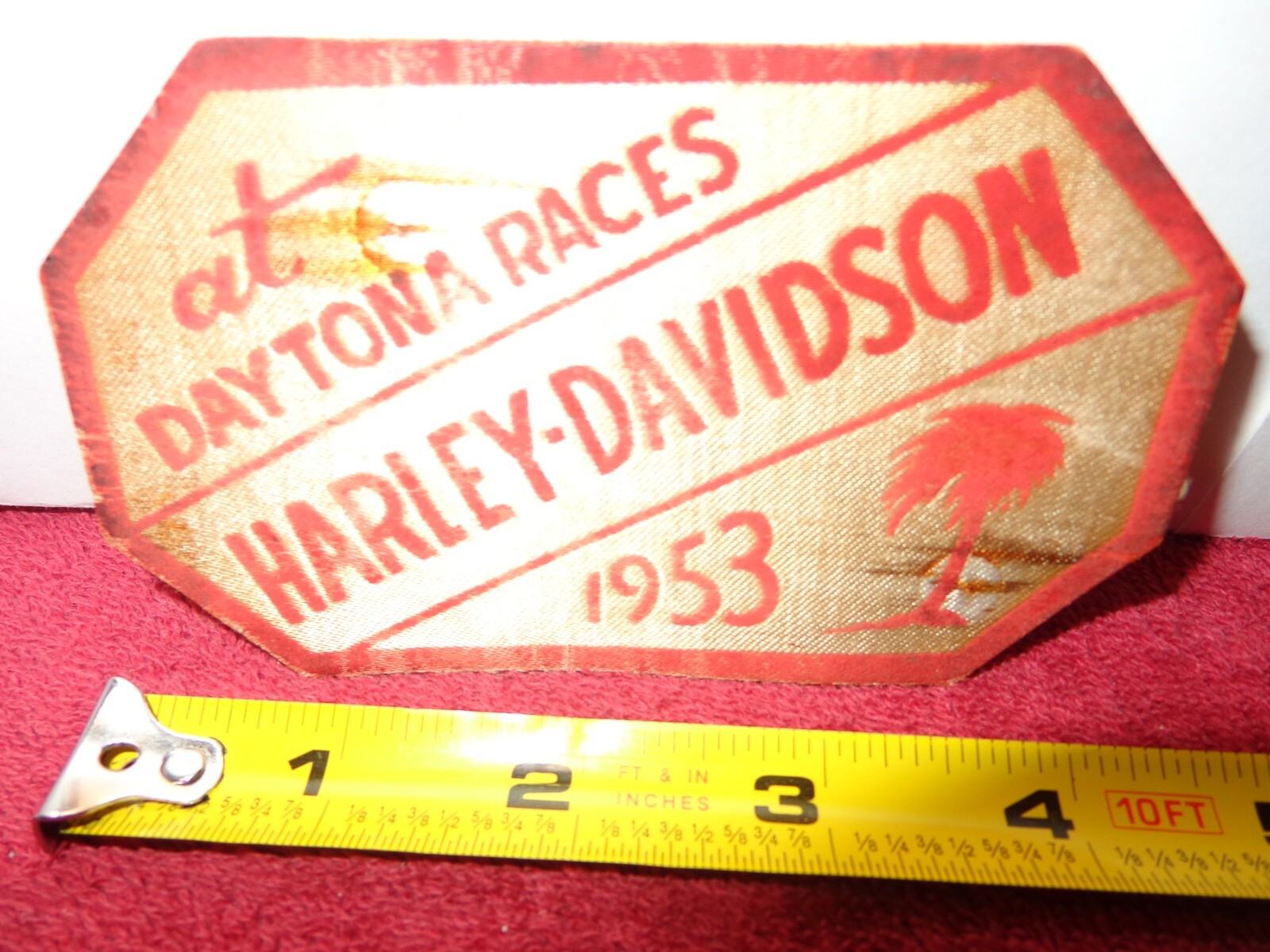 ANTIQUE PATCH VINTAGE 1953 HARLEY DAVIDSON MOTORCYCLES DAYTONA FLORIDA RACE SIGN
