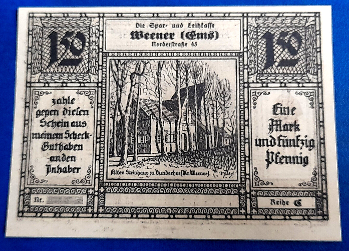 WEENER EMS NOTGELD 1,50 MARK 1922 EMERGENCY MONEY GERMANY BANKNOTE (30617)