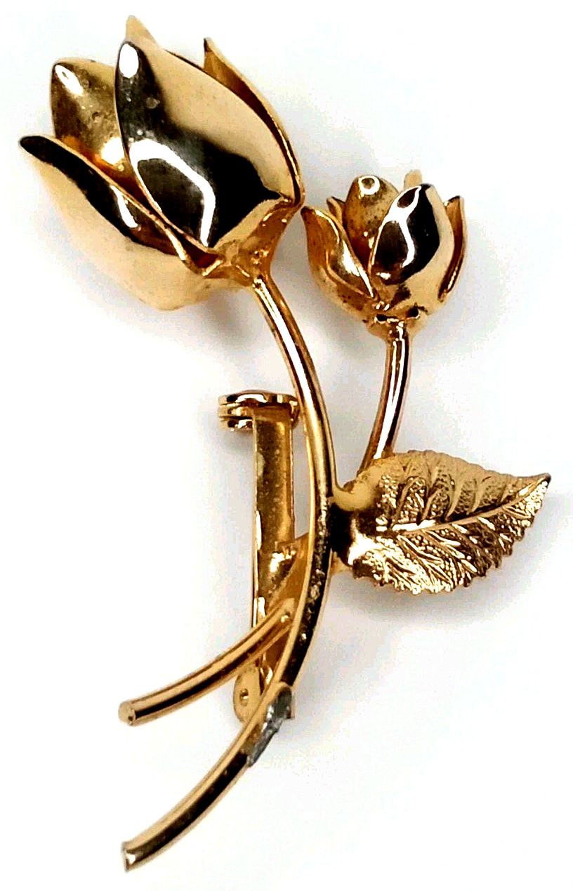 Vintage Gold Tone Rose Flower Brooch Pin Long Stem 1960s