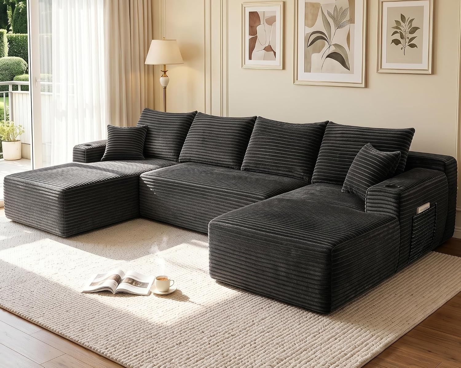 134" U Shaped Sectional Sofa with Double Chaise No Assembly Charcoal