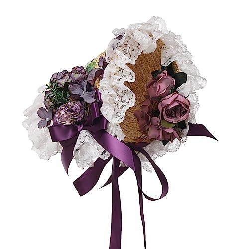 Girls Women Victorian Tea Party Sun Hat Bows Flowers Straw Hats (Q)