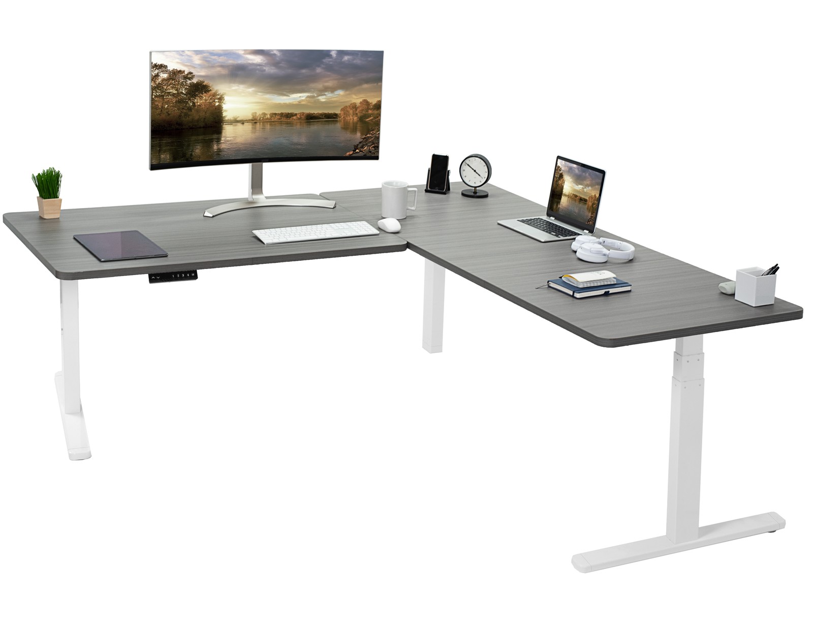 VIVO Electric 77" x 71" Corner Desk, Dark Gray Table Tops, White Frame
