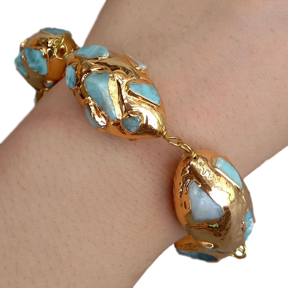 Natural Blue Larimar Gold Plated Olive shape Bracelet