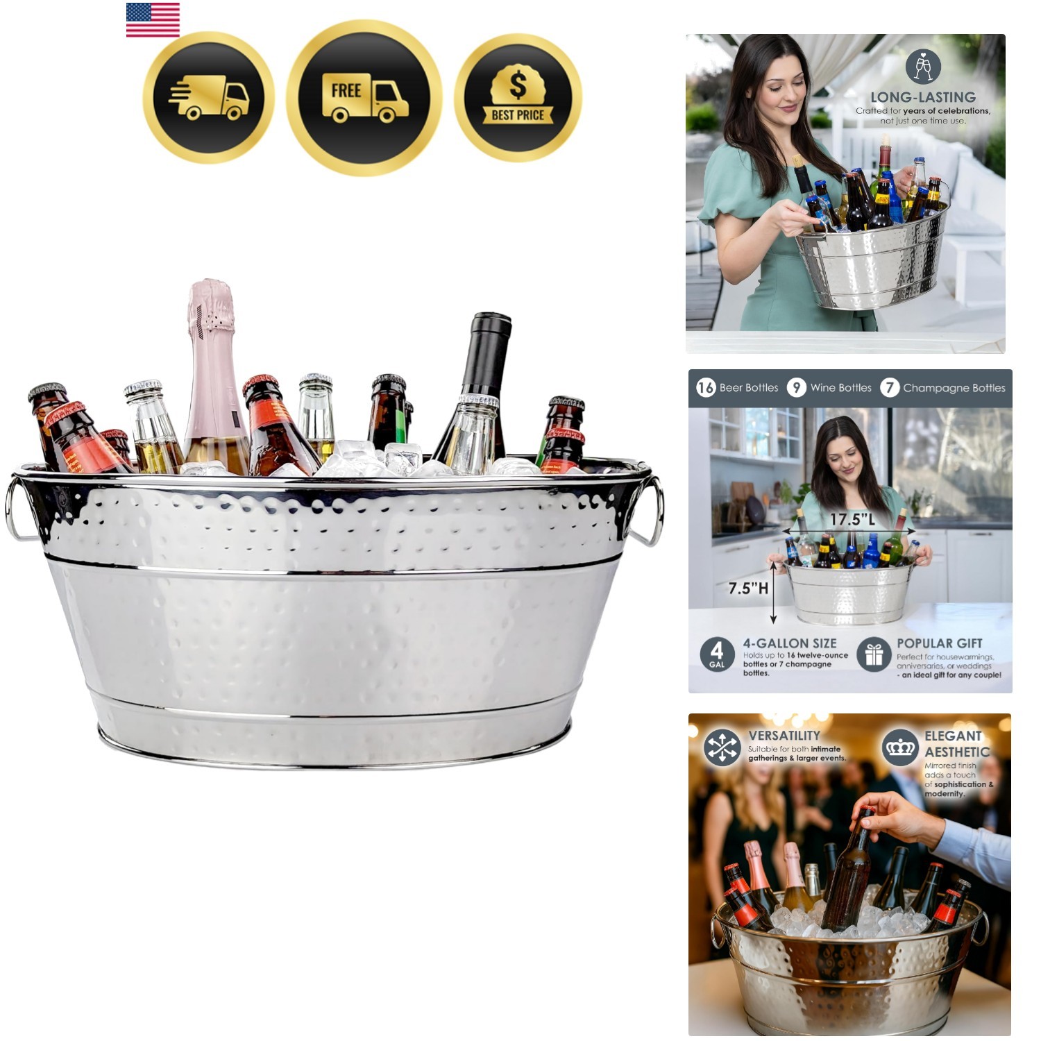 Stainless Steel Beverage Tub, 15 Quarts 4 Gallon, Rust-Proof, Oval, Multi-Use...