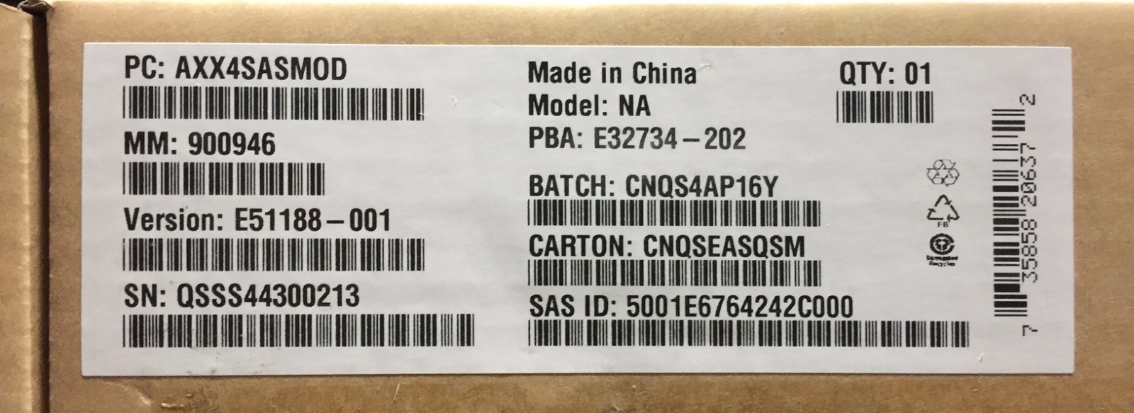 Intel AXX4SASMOD Integrated Server RAID Module  New Bulk Packaging