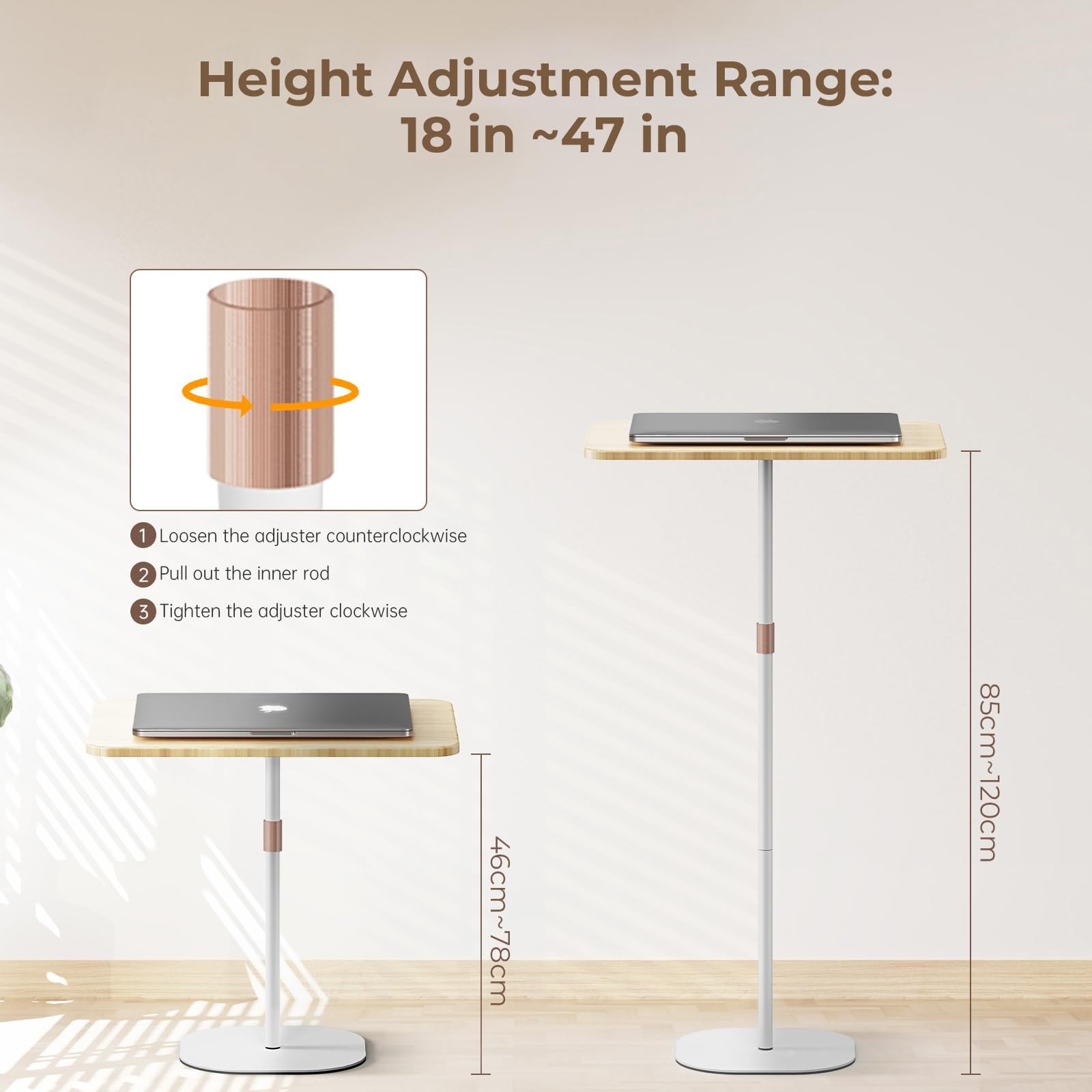 Portable Laptop Floor Stand, Bedside/Sofa Table with Height Adjustable 18''~47''