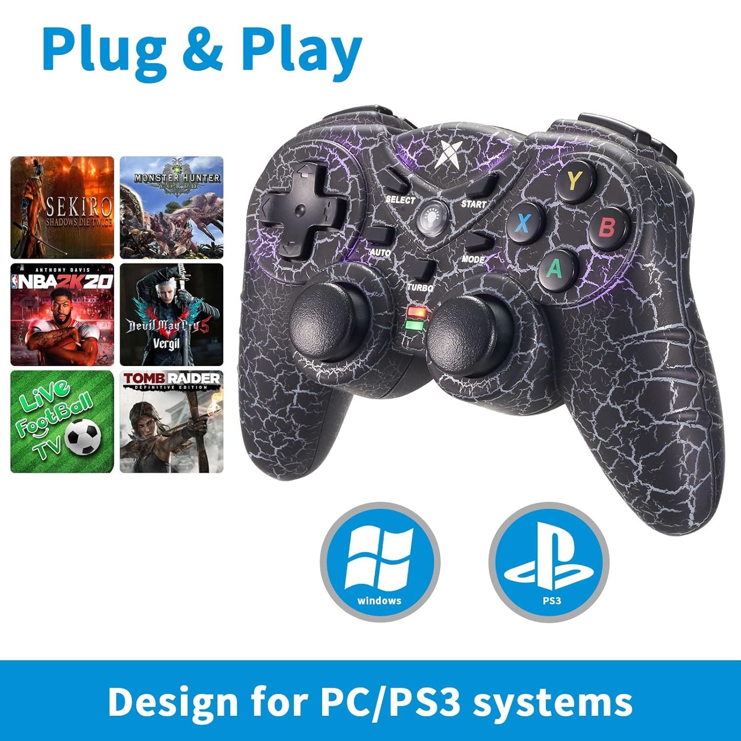 2.4GHz RF Wireless Gaming Controller LED Vibration for PC/PS3