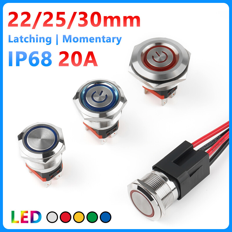 22/25/30mm LED Push Button Switch Momentary Latching On/Off Waterproof Metal 20A