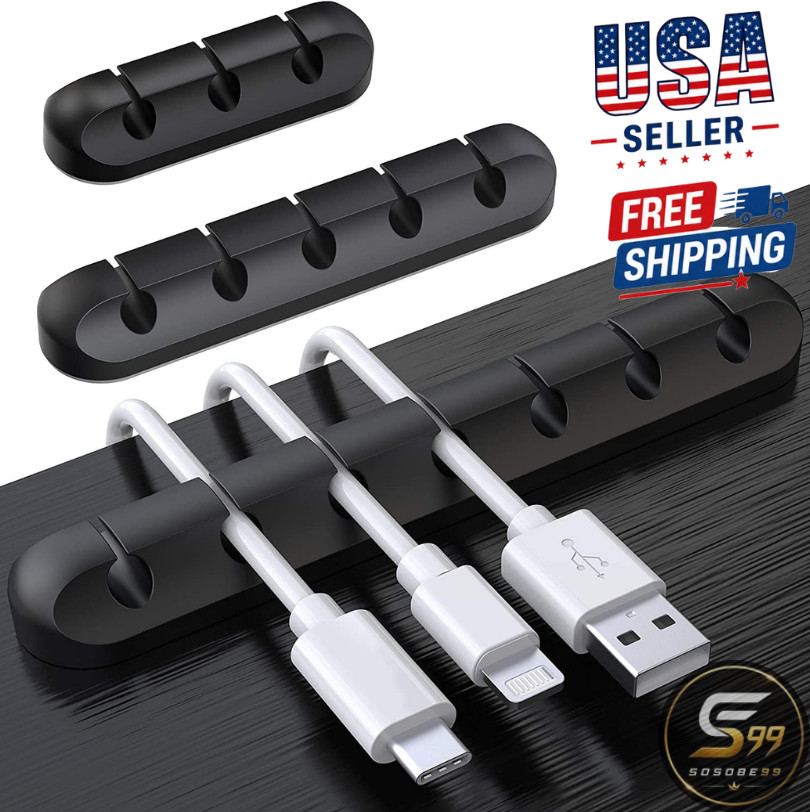 3 Pcs Silicone USB Cable Holder Clips, Self Adhesive Black Desktop Charging Cabl