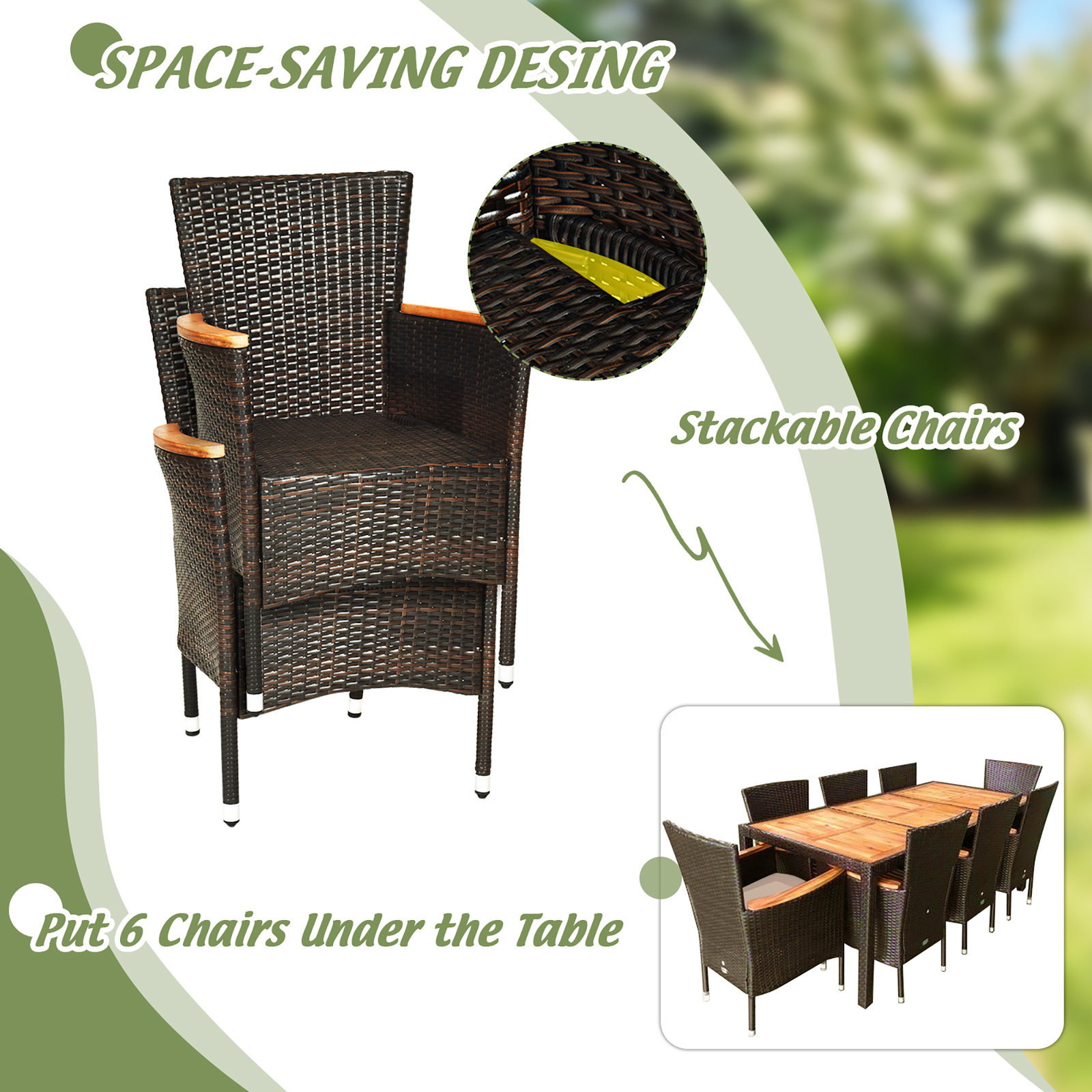 9PCS Rattan Patio Dining Set w/ 8 Stackable Cushioned Chairs Wooden Tabletop
