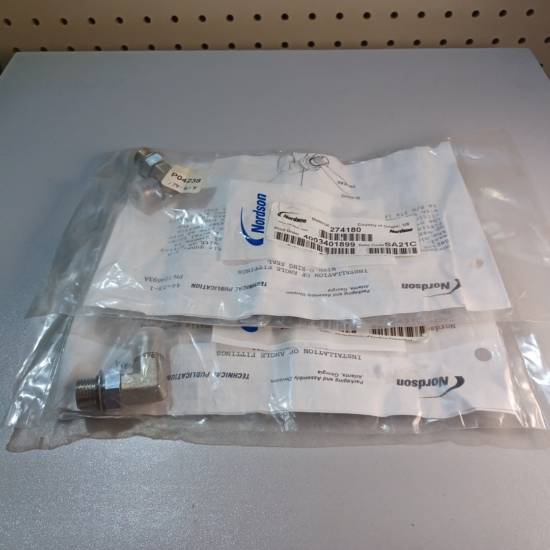 LOT of 2 NORDSON 274180 9/16" 90 DEGREE ADAPTER HOT MELT FITTING - NEW! NOS!