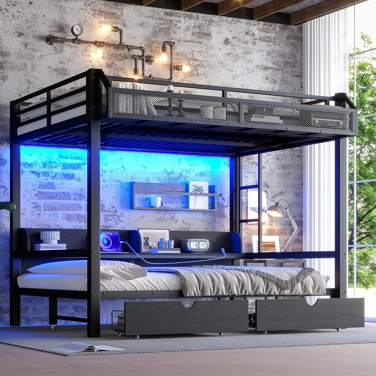 Queen over Queen Bunk Bed with Storage Shelves and Drawers, Metal Bedframe with