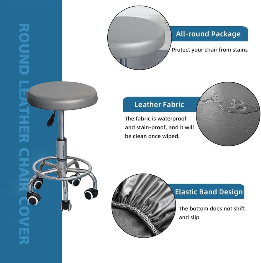 Elastic Round Stool Covers 2 Pack Black Waterproof PU Leather Slipcovers