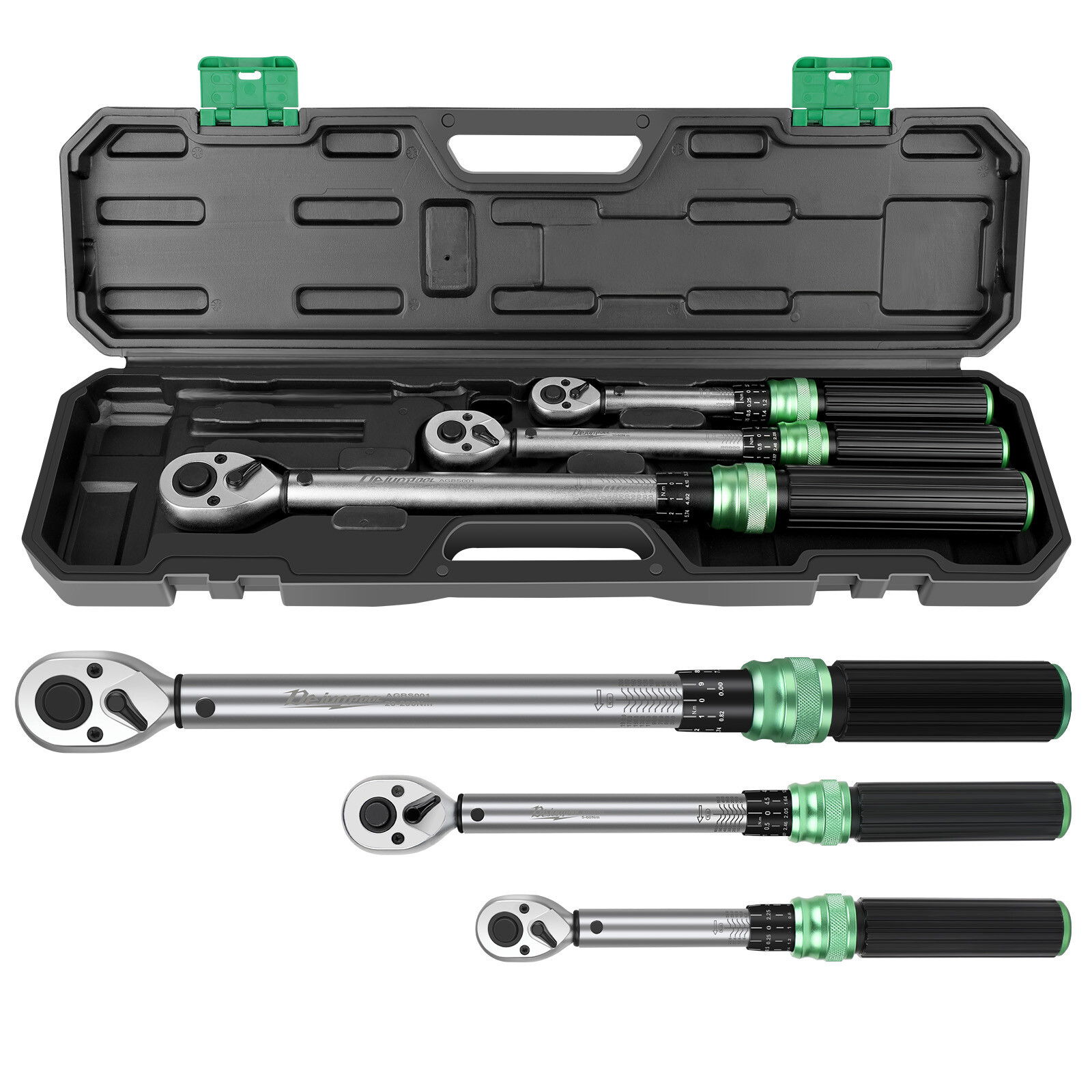 3 Pcs Torque Wrench Set 1/4'' & 3/8'' & 1/2'' Drive Click Torque Wrench 5-200Nm