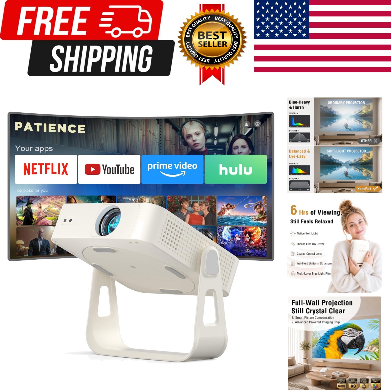 Officially-Licensed App & Auto Focus]White Smart Mini Projector with WiFi and...