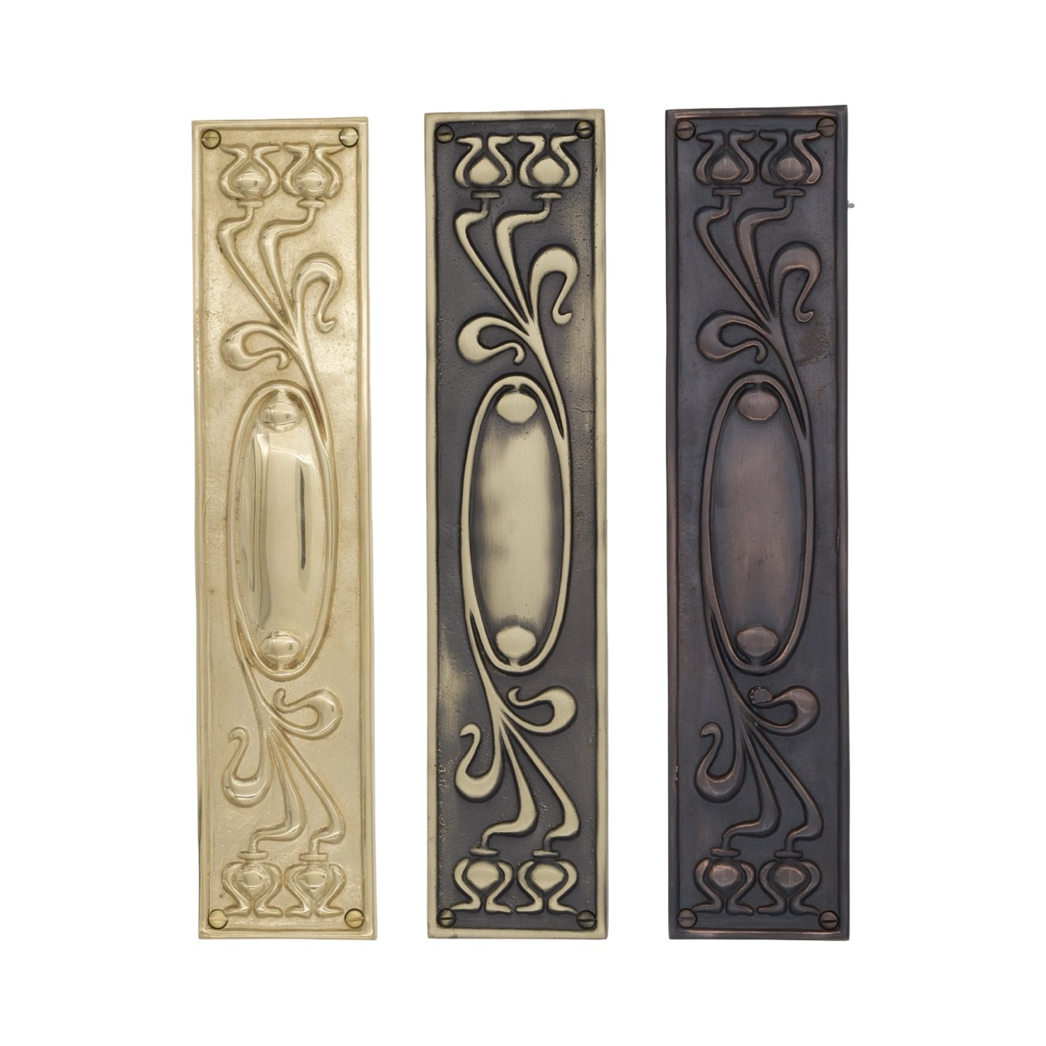 Art Nouveau Brass Push Plate with Whiplash Lilies Tulip Design - Choose Finish