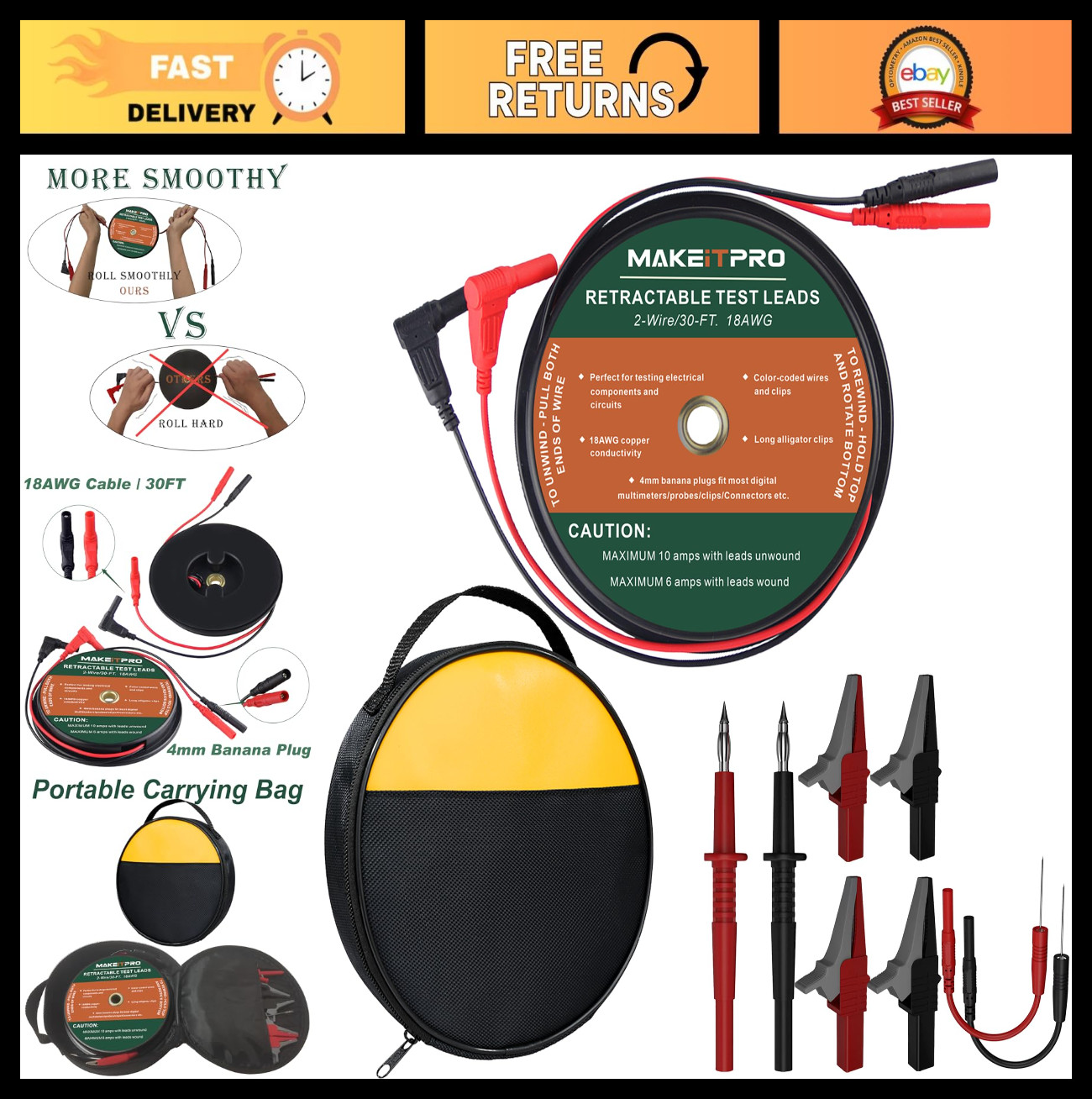 30FT Retractable Test Leads Kit - 18AWG Wires, Alligator Clips, Multimeter Probe