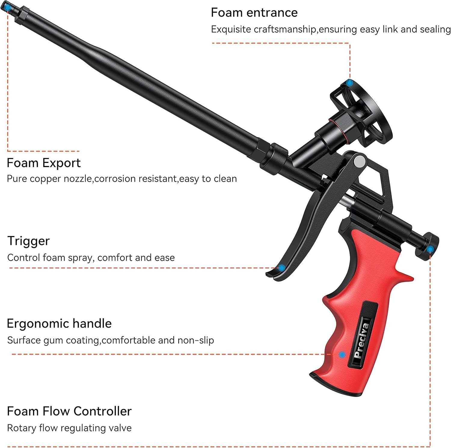 Versatile Professional Caulking Foam Gun with Precision Control - Red 12.99 inch