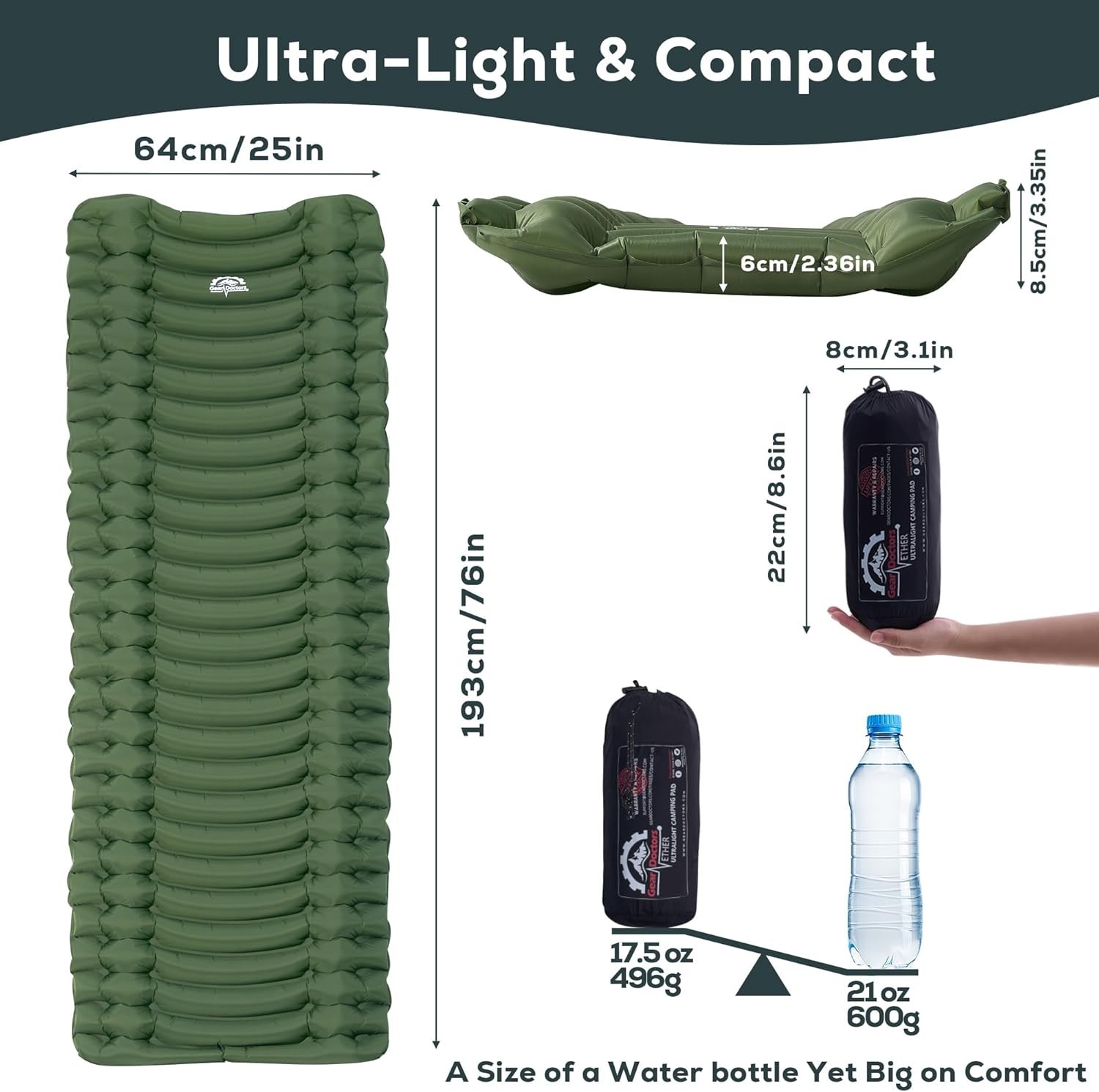 Ether 17.5oz Ultralight Camping Sleeping Pad – Backpacking Air Mattress – Cam...