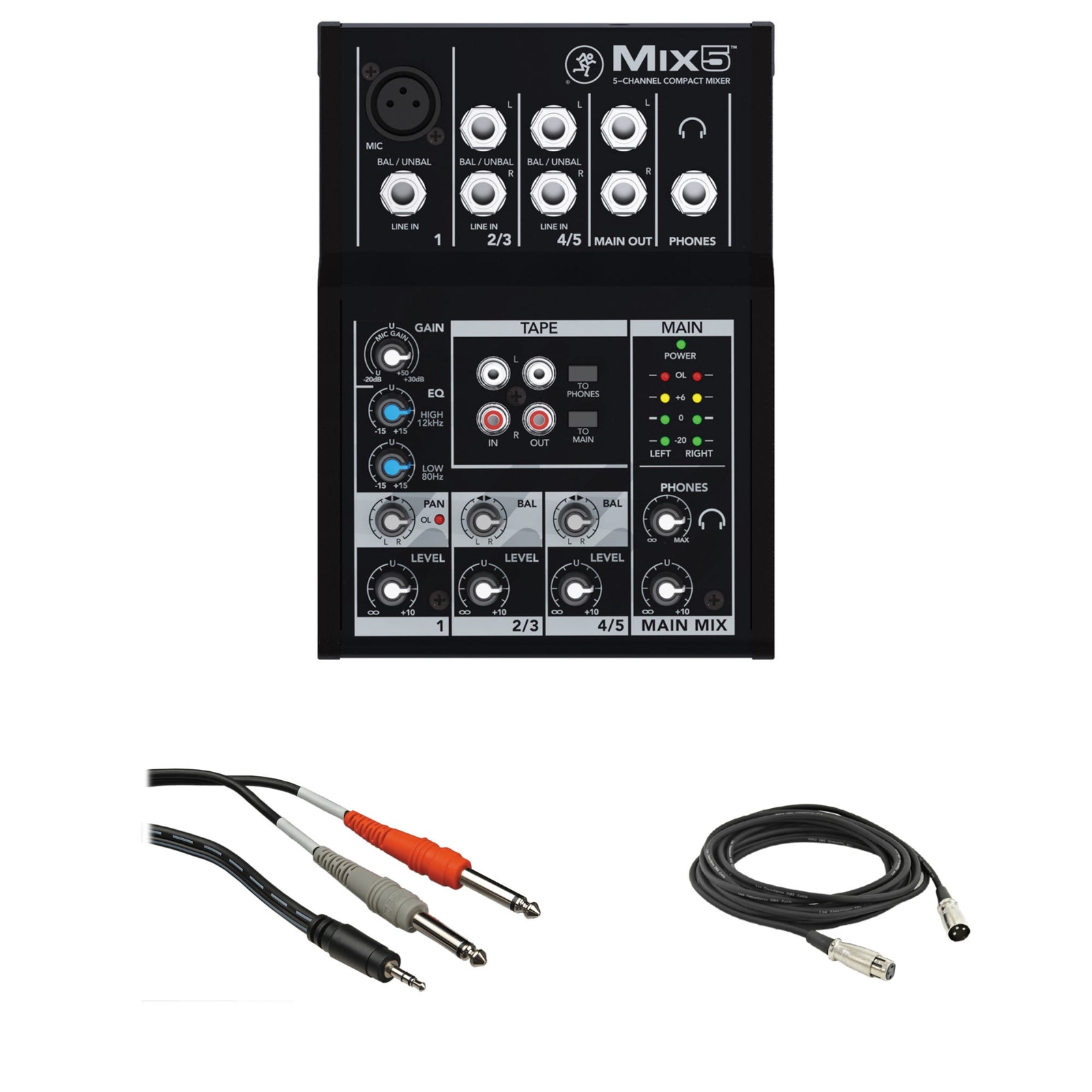 Mackie Mix5 5-Channel Compact Mixer with Hosa CMP-159 Stereo Breakout, 3.5 mm TR