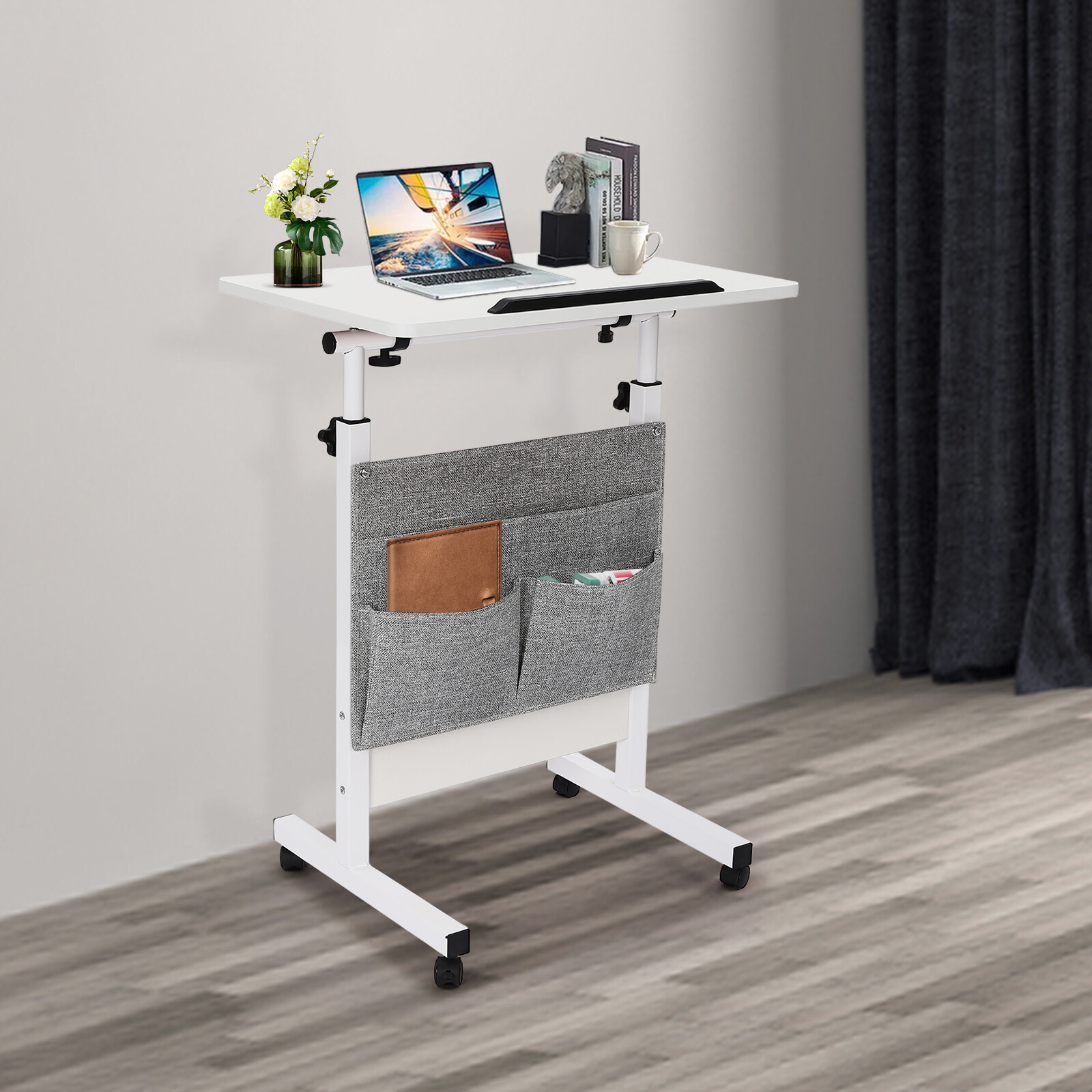Rolling Laptop Desk Office Computer Table Adjustable Height Stand up w/ Storage