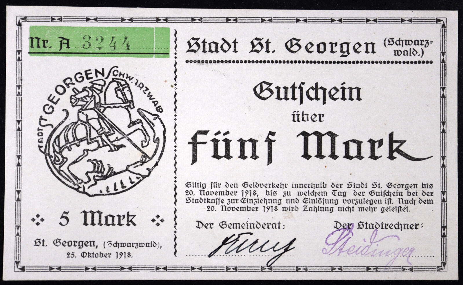 ST. GEORGEN 1918 5 Mark Grossnotgeld German Notgeld Banknote