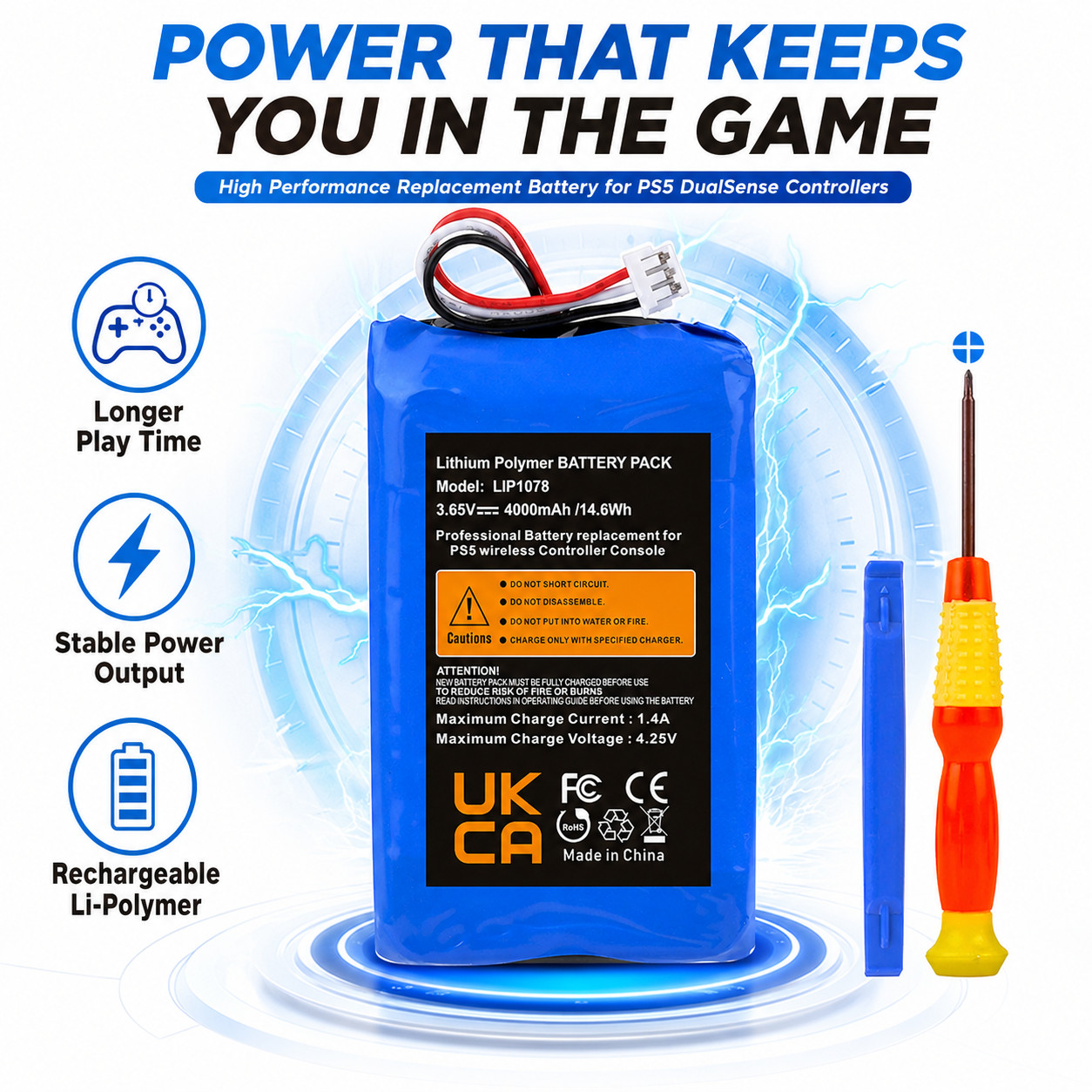 4000mAh Battery Replacement for Sony Playstation 5 Dualsense Controller w/ Tools