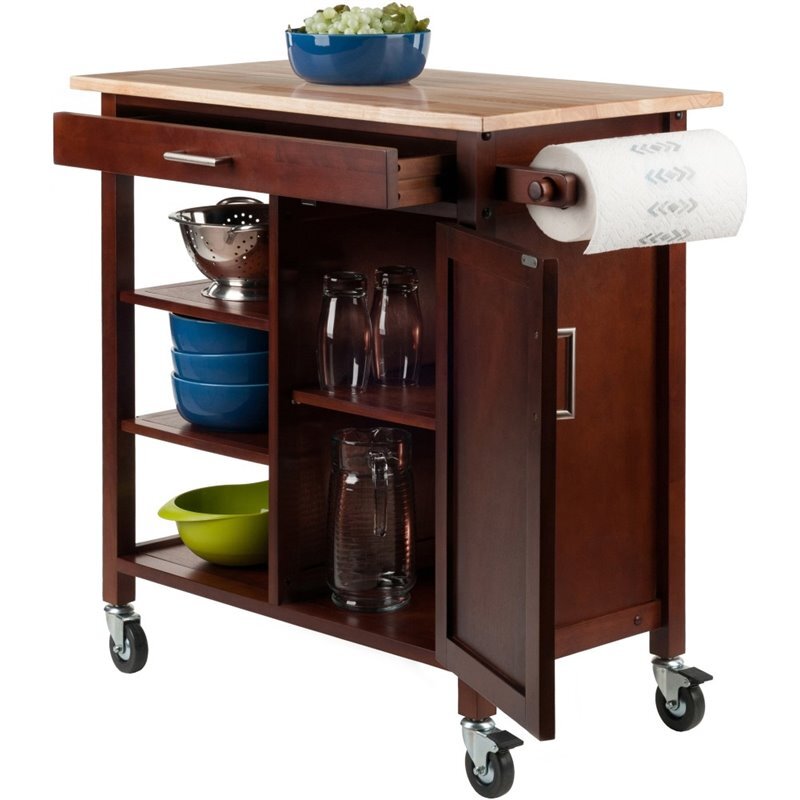 Pemberly Row 34.61"H Transitional Solid Wood Kitchen Cart in Walnut/Natural