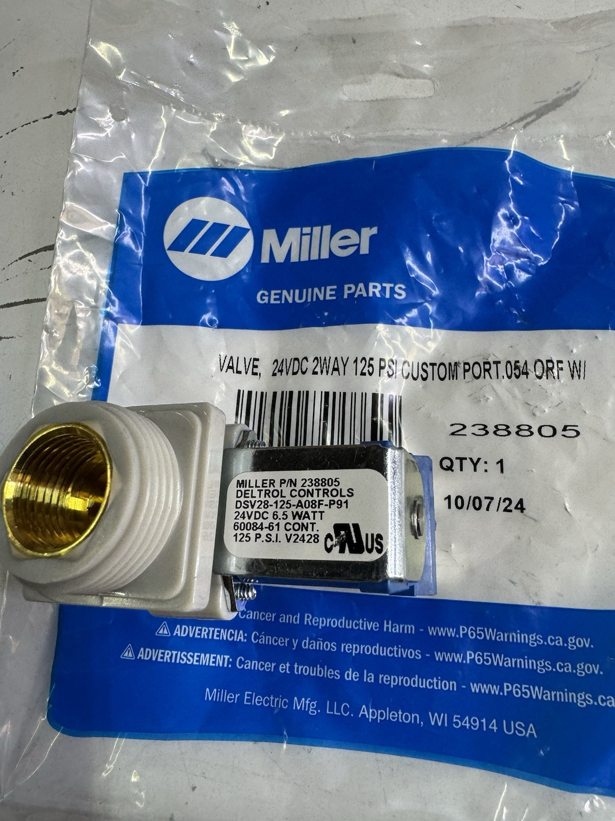 238805 Gas Valve Solenoid, 24V DC Assembly NEW NEW | Miller Original Welder Part