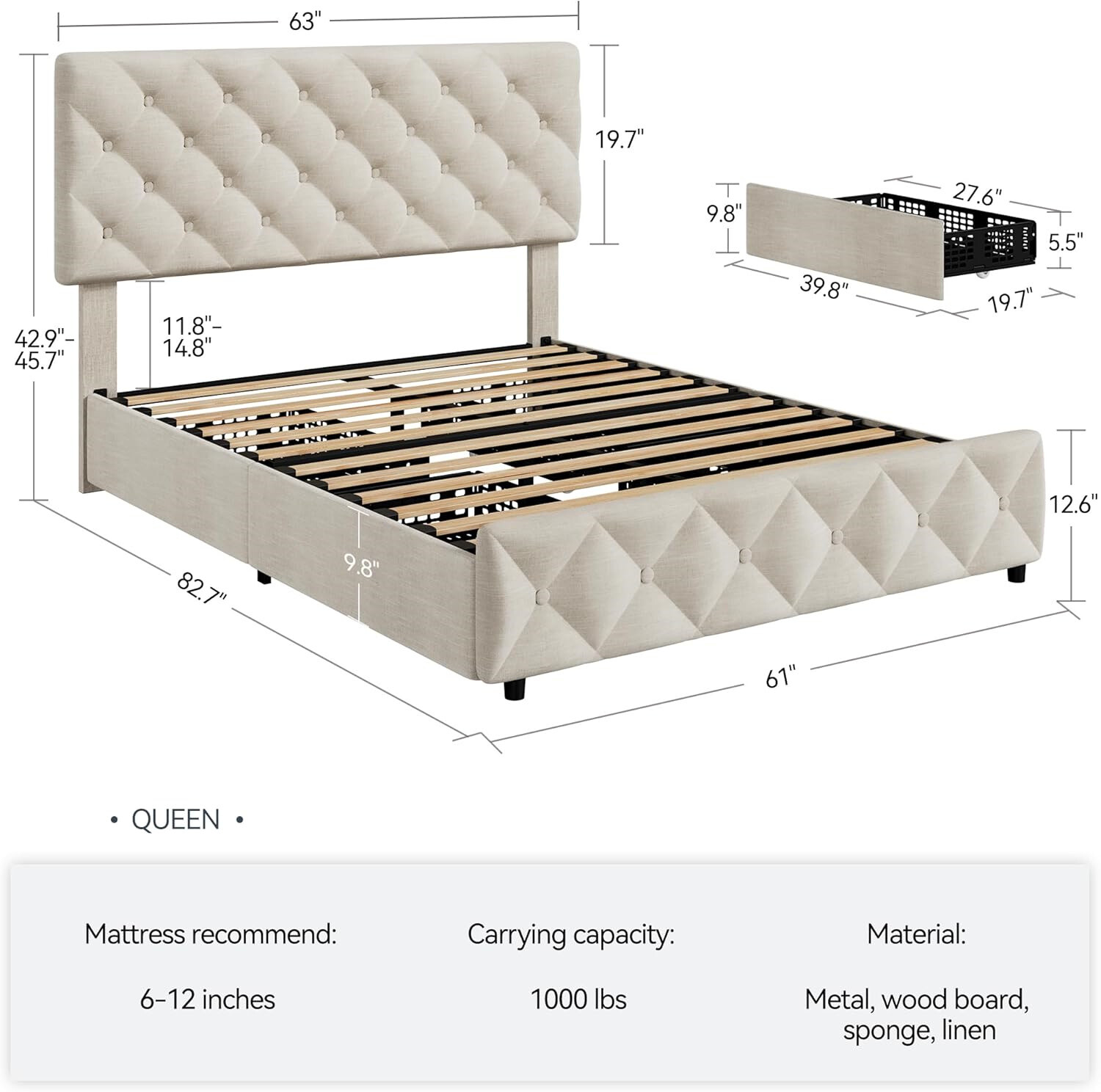 QUEEN Size Bed Frame with 4 Storage Drawers and Headboard Upholstered Platform