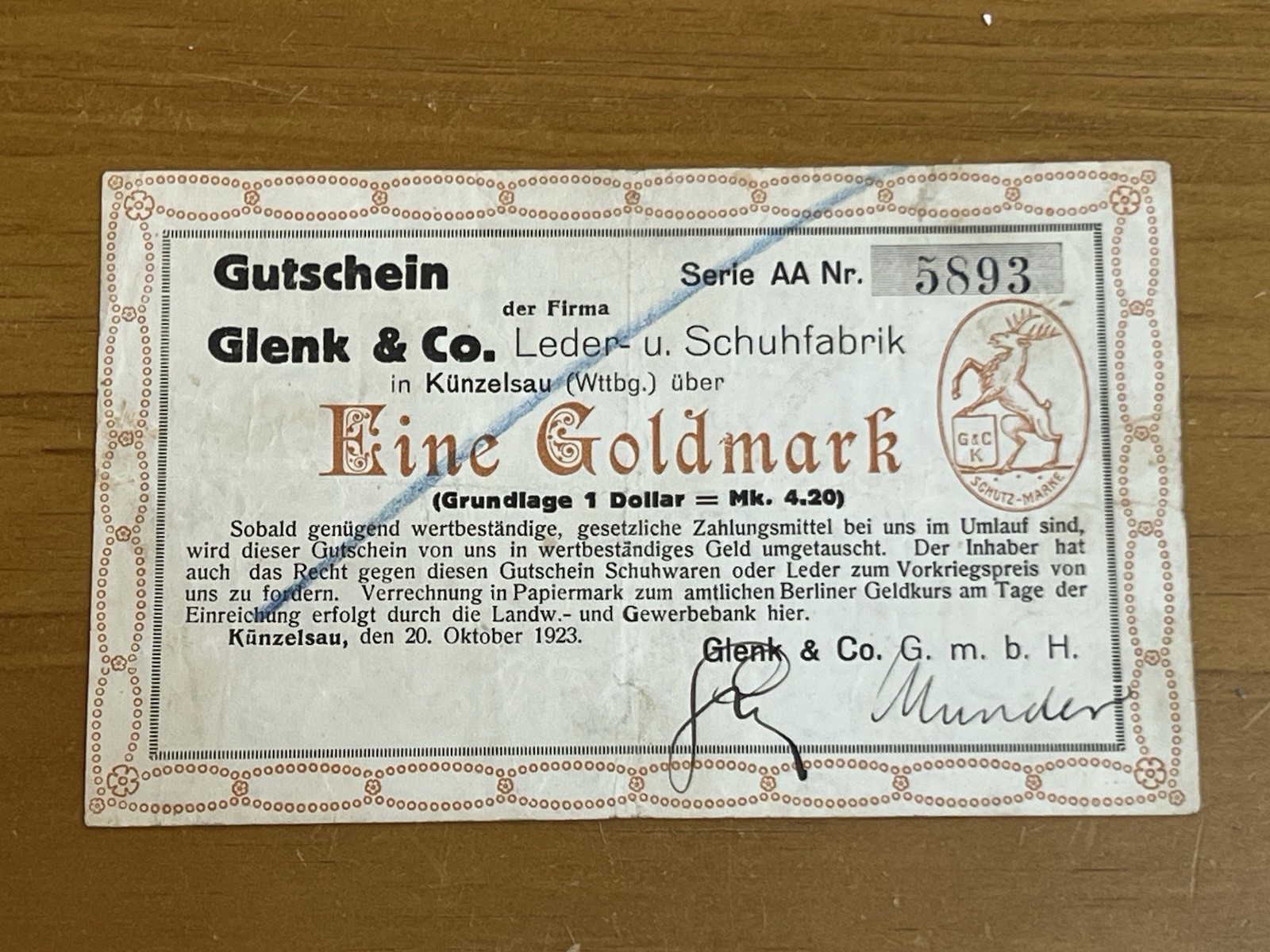 1923 Gutschein Glenn & Co. Eine Goldmark Nr. 5893