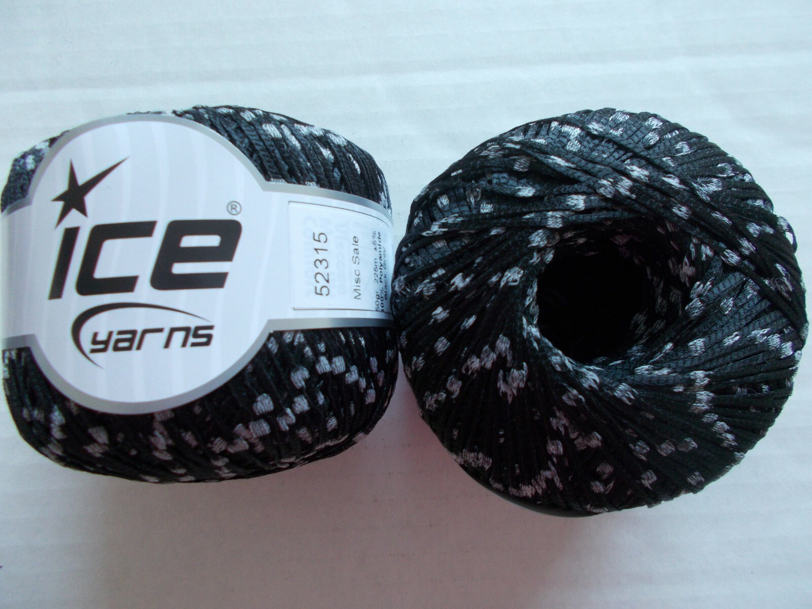 Silky narrow ribbon yarn thread, Black/grey 2 balls (247 yds each)