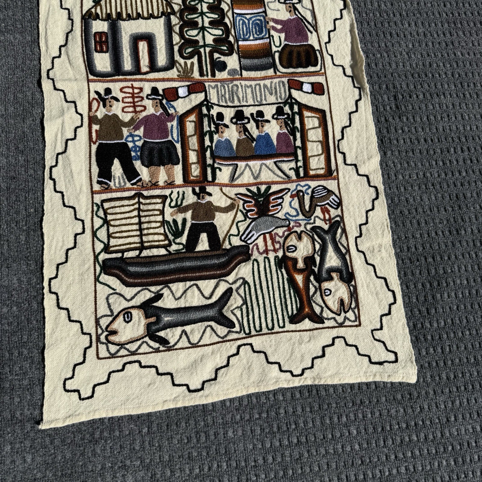 Vintage Folk Art Embroidery Peru "Matrimonio" 42”x23” Wall Hanging Wedding Gift