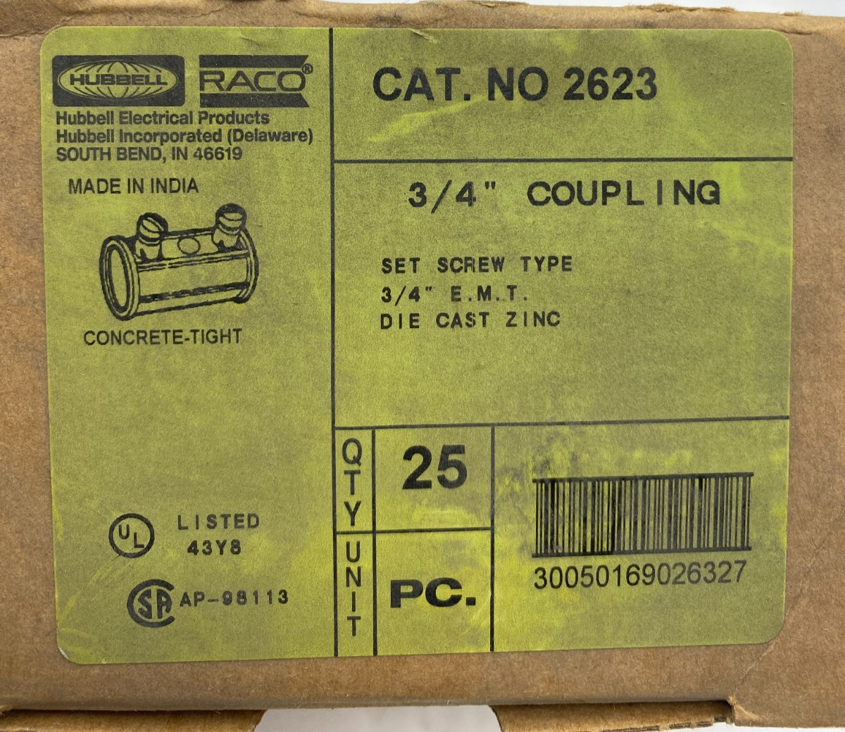 PACK OF 25 HUBBELL RACO 2623 SET SCREW COUPLING 3/4" EMT DIE CAST ZINC