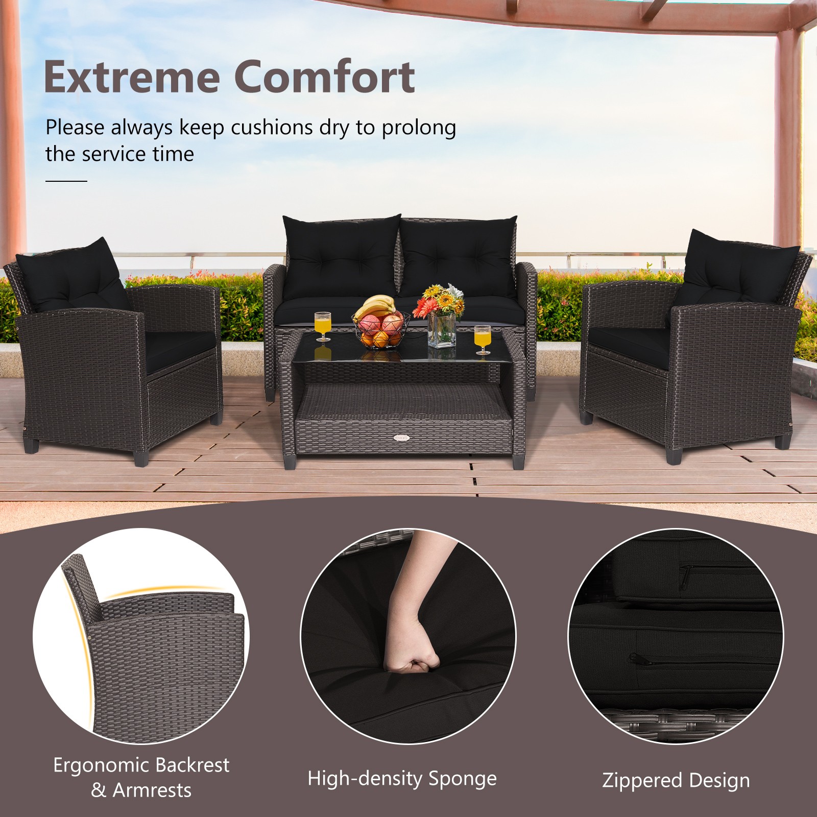 8 PCS Patio Rattan Furniture Set w/ Ergonomic Armrests & Soft Back Cushions