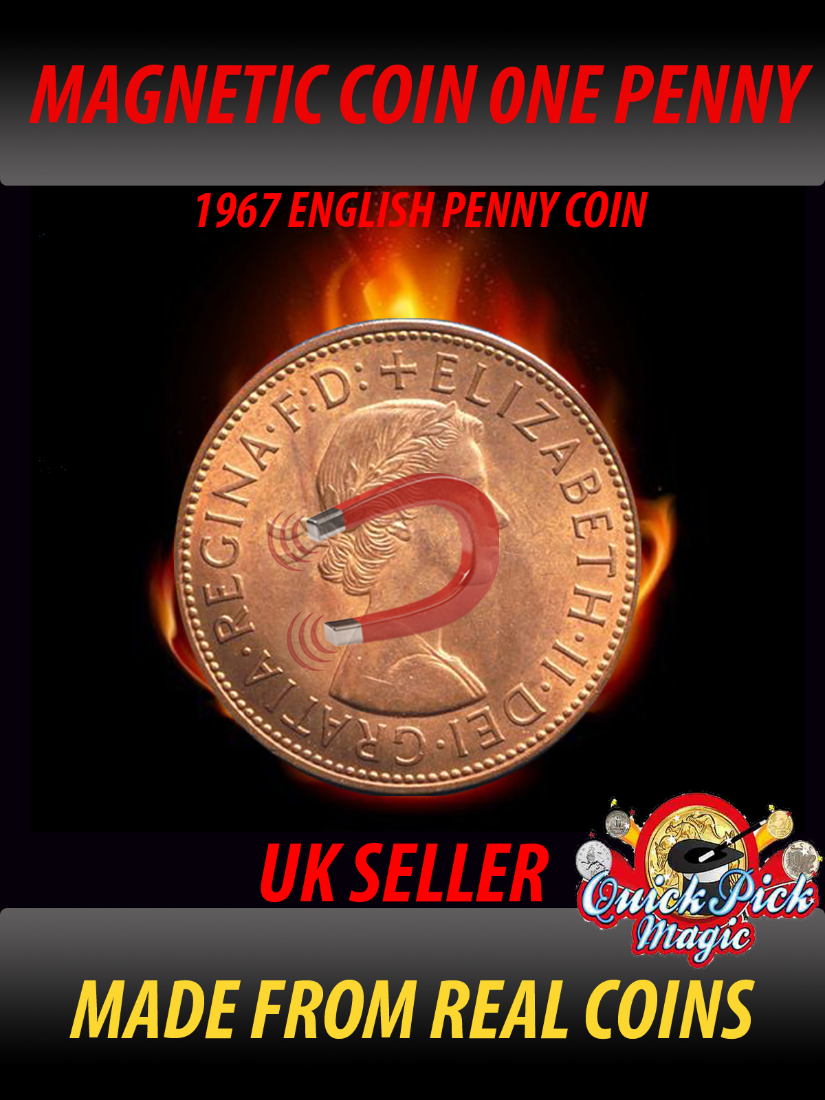 STRONG MAGNETIC 1967 ENGLISH ONE PENNY MAGNETIC COIN MAGIC VINTAGE 1P COIN MAGIC