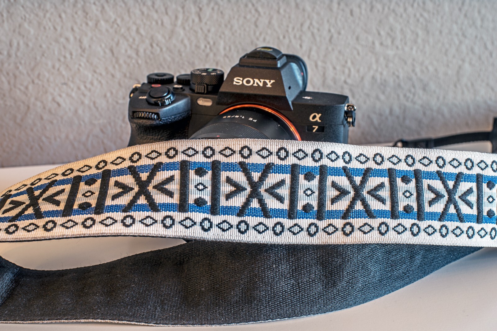 Stunning White, Blue, and Black Geometric Pattern Hippie-inspired Camera Strap